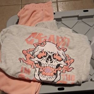 Source Unknown Pink and Gray Skull Jogger Set